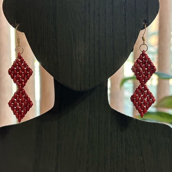 Hand crafted earrings red SuperDuo beads 14k gold filled earwires 2 1/2 in. - Picture 4 of 4